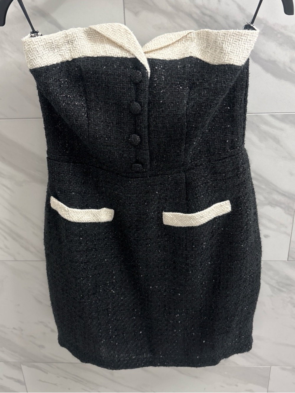 Fashion Nova Black and Cream Strapless Tweed Mini Dress